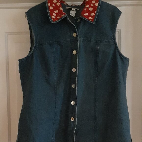 Stonebridge Blue Denim Vest, Sleeveless w/Red Floral Collar, Size 16W - Picture 2 of 9